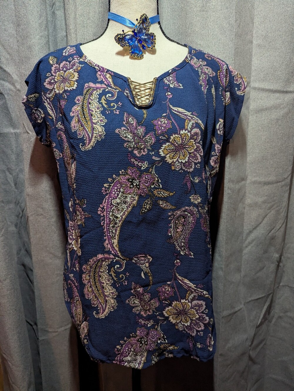 MARIANNE Short Sleeve Paisley Floral Gauze Top Small
